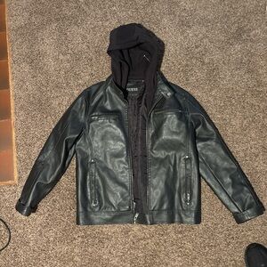 GUESS Dark Leather Bomber Jacket with Hood